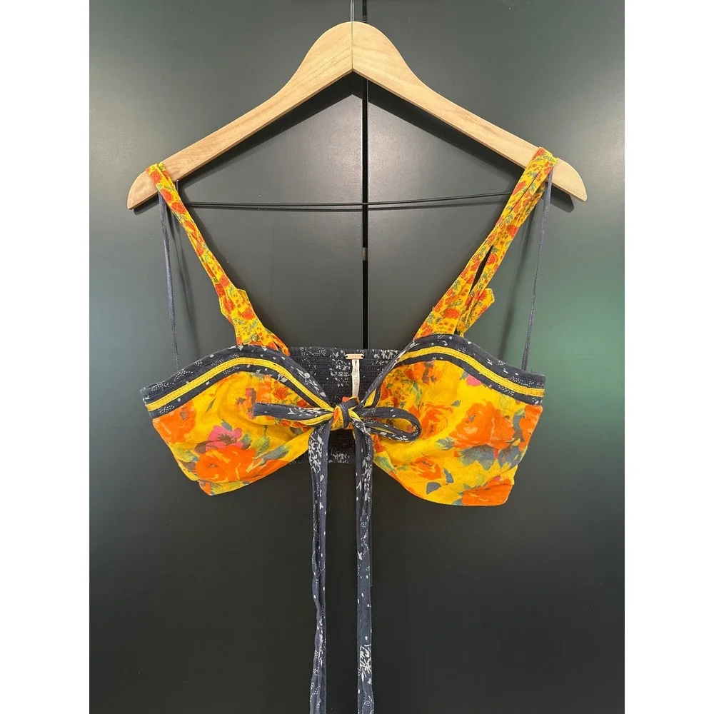 Free People Floral Smocked Bralette Crop Top Yellow Navy OB1999172‎ Size 12